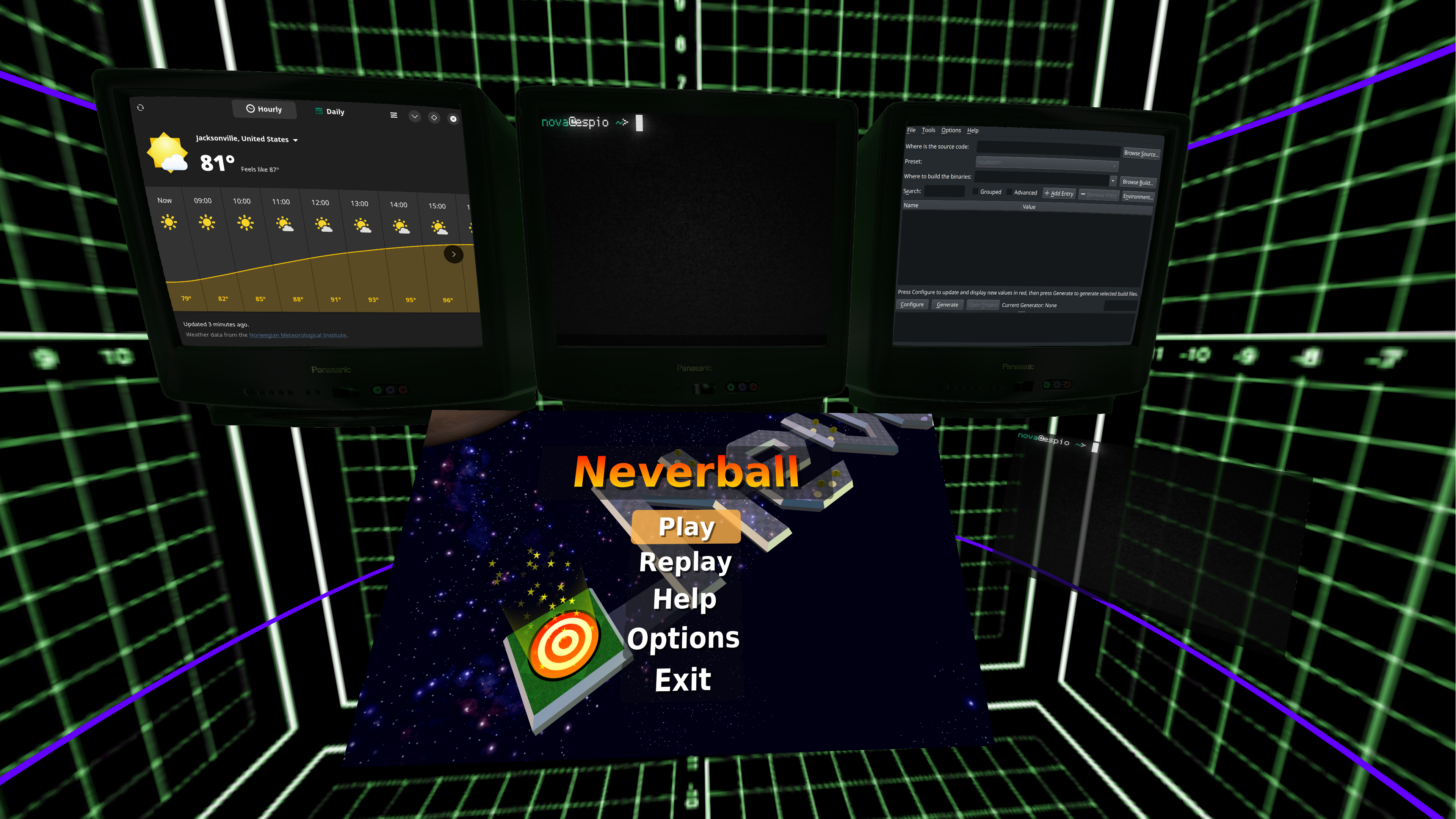 A scene showing multiple widgets, including CRT TV panel shells and flat touchscreen panels and 2 rings forming a cylinder around the scene.